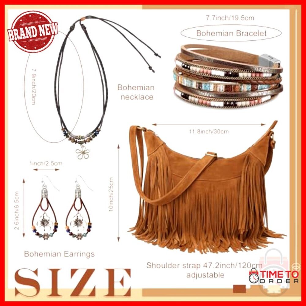 Boho Jewelry Set with Fringe Purse Leather Bracelets Layered Necklace Dangle - Picture 2 of 7